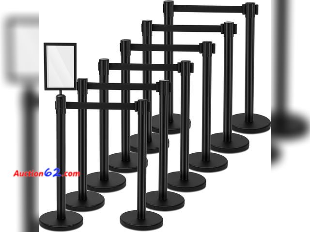 Lot 44-537e - $305.99 Retail price - Geelin 12 Pack Heavy Duty Crowd Control Stanchions Stainless Steel Stanchion Set with Safety Barrier Post with Retrac...