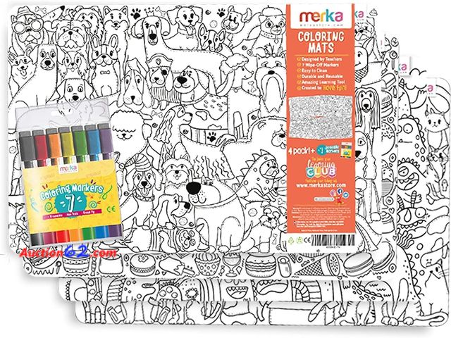 Lot 44-3032q - Merka Plastic Placemats Set of 6 Wipeable Kids Placemat Kids Table Silicone Placemat Cats and Dogs Set of 4 Mats with 7 Dry Erase Markers fo...