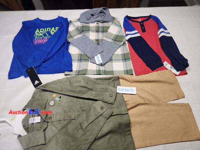 Lot 44-3606m - All new with tags size 4 -4t. 1 Carters green corduroy green shirt with tan khaki pants. Tag lists for $34.00. 1 Carters  red with blue slee...