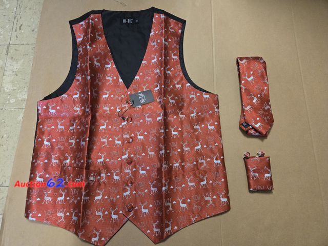 Lot 44-6504w - Size Medium Hi-Tie Christmas Vest for Men Reindeer Festive Dress Waistcoat Necktie Pocket Square Cufflinks Set Appears New, A basic inspecti...