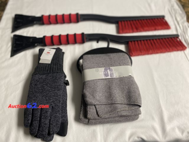 Lot 44-2117b - New. 2 ice scrapers with brush on other end. Approximately 25” end to end.  Pair of west loop one size fits most men’s 3m insulate knit glov...