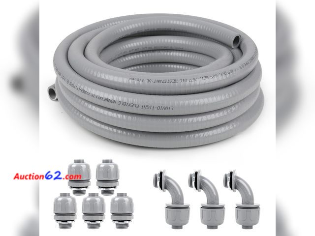 Lot 44-408o - Elecoman 3/4inch 50ft Liquid-Tight Conduit and Connector Kit,Flexible Non-Metallic Liquid Tight Electrical Conduit Kit with 5 Straight and 3...