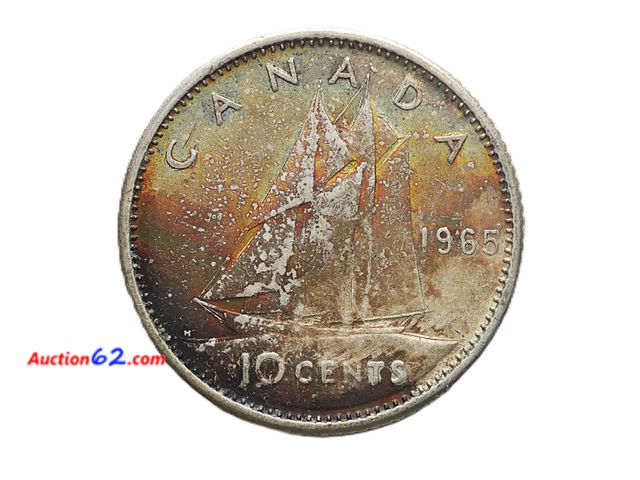 Lot 44-8306m - ABSOLUTELY BEAUTUFLLY TONED SILVER 1965 CANADIAN DIME. HAS 0.0599 TROY OUNCES OF SILVER.-T