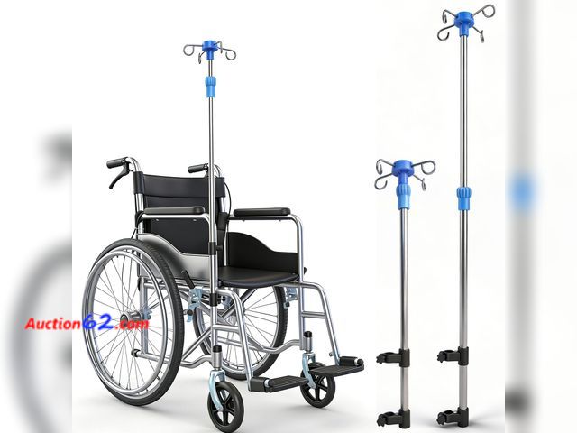 Lot 44-402 - GAOUREL Portable IV Pole for Wheelchair, 4‑Hook Height Adjustable Wheelchair Infusion Stand, Medical Grade Stainless Steel Collapsible Teles...