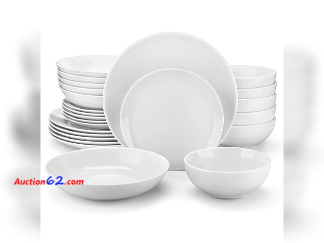 Lot 44-1131j - $109.99 Retail price - MALACASA 24-Piece Gourmet Porcelain Dinnerware Sets, Modern White Round Dish Set for 6 - Premium Serving Plates and B...