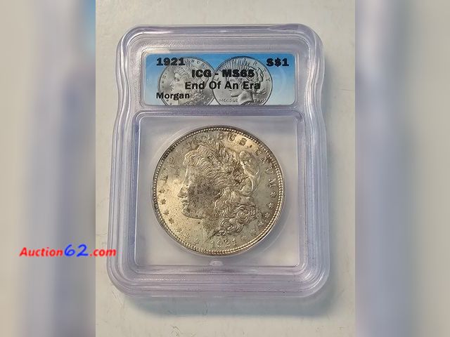 Lot 44-8316q - 1921 TONED LIBERTY HEAD MORGAN 90% SILVER DOLLARE GRADED MS65 (MINT STATE) BY ICG. END OF AN ERA LAST YEAR OF PRODUCTION. MINTED IN PHILADEL...