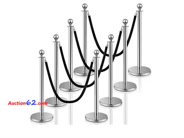 Lot 44-1720b - $133 Retail price - Ferraycle 8-Piece Crowd Control Stanchions with 5-Foot Silver Poles and Black Velvet Ropes - Stainless Steel Appears New...