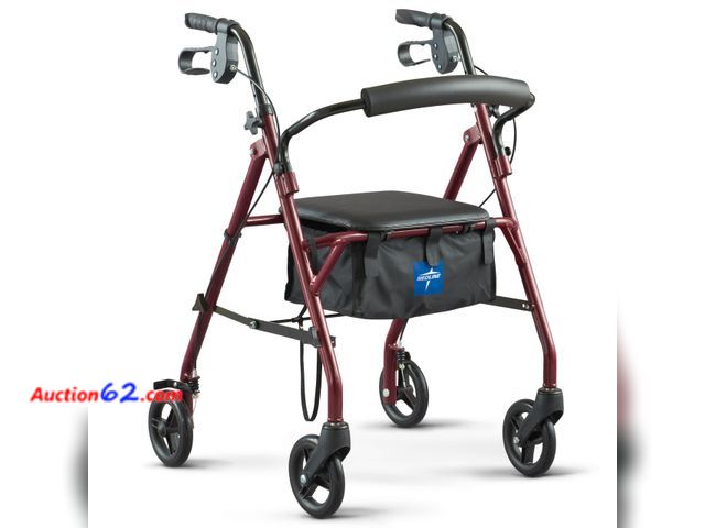 Lot 44-156j - Medline Steel Rollator Walker with Seat, Burgundy, 350 lb. Weight Capacity, 6” Wheels, Foldable, Adjustable Handles, Rolling Walker for Seni...