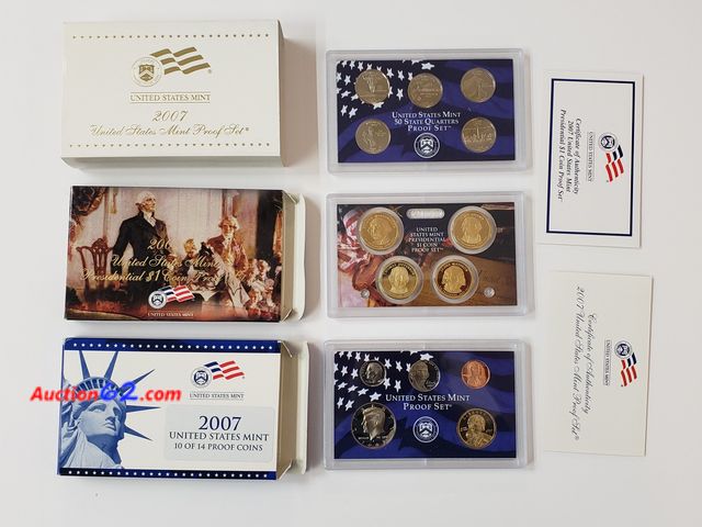 Lot 44-8559f - HUGE 2007 FOURTEEN (14) COIN PROOF SET W/SACAGAWEA DOLLAR. (4) PRESIDENTIAL $1 COINS (HONORING GEORGE WASHINGTON, JOHN ADAMS, THOMAS JEFFERS...