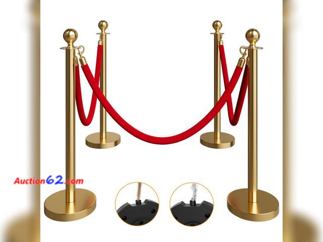 Lot 44-2545a - $77.84 Retail price - 4 Pack Gold Stanchions and Velvet Ropes Set, Stainless Steel Crowd Control Barriers, 3Pcs Red Carpet Ropes and Poles f...