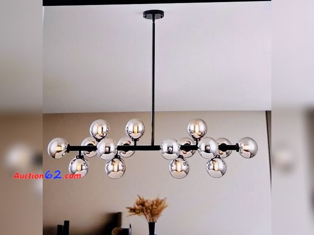 Lot 44-7229e - 16 - light globe sputnik chandelier, mid century modern light fixture over table, black linear chandelier (smoke grey glass bubble shades, 4...