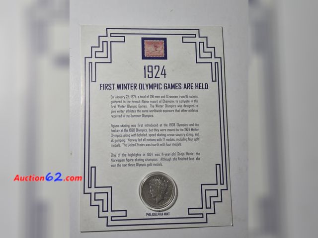 Lot 44-8330j - 1924 LIBERTY HEAD 90% SILVER PEACE DOLLAR AND 1932 WILNTER OLYMPIC GAMES 2¢ STAMP IN A COLLECTOR'S PANEL.-NT