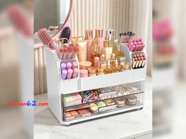 Lot 44-1601e - Hanyi Makeup Organizer for Vanity,Countertop Cosmetic Organizer with 2 Clear Drawers &amp; 6 Brush Holders,Large ABS Makeup Storage for Skin...