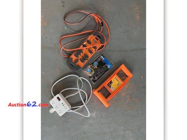 Lot 44-665i - Mix lot of miscellaneous items including Ridgid Power Strip - 8 Outlet Surge Protector, Ideal Coaxial Cable Tester, Stanley Panel Carry E-Co...