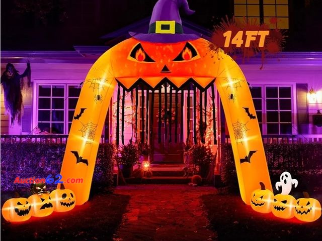 Lot 44-6501r - 14 FT Halloween Inflatables, Giant Halloween Pumpkin Arch Inflatables with Witch Hat, Scary Pumpkin with Built-in LED Lights, Outdoor Decora...
