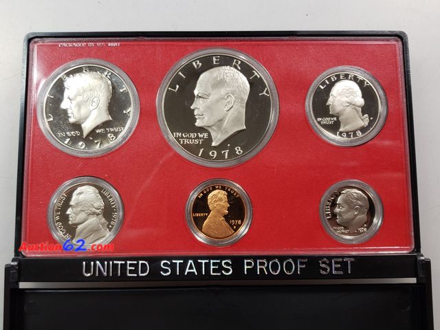 Lot 44-8525g - 1978 PROOF SET W/EISENHOWER DOLLAR, KENNEDY HALF, WASHINGTON QUARTER, ROOSEVELT DIME, JEFFERSON NICKEL AND LINCOLN CENT. MINTED IN SAN FRANC...