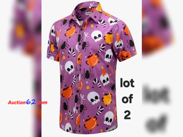 Lot 44-6779p - Lot of 2 Size Large Halloween Button Down Shirt for Men Pumpkins Printed Casual Short Sleeve Appears New, A basic inspection has been given ...