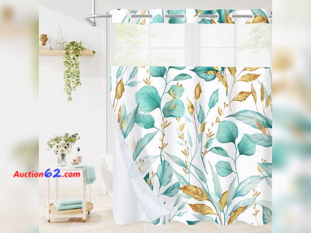 Lot 44-9273 - Retail of $36-Litabel No Hooks Teal Gold Plant Leaves Shower Curtain Set with Snap-in Liner, Hotel Tropical Floral Art Printed Double Layer ...