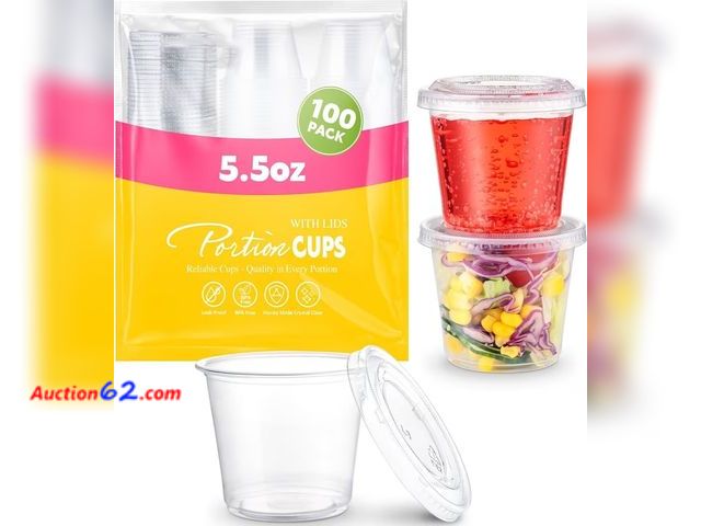 Lot 44-6557b - SOOMER [100 Sets 5.5 oz Small Plastic Containers with Lids Appears New