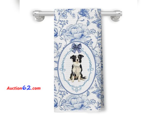 Lot 44-2757f - Qykwz Vintage Blue Chinoiserie Border Collie Kitchen Towels, Border Collie Gifts for Women, Coquette Blue Bow Floral Dog Decorative Hand Dis...