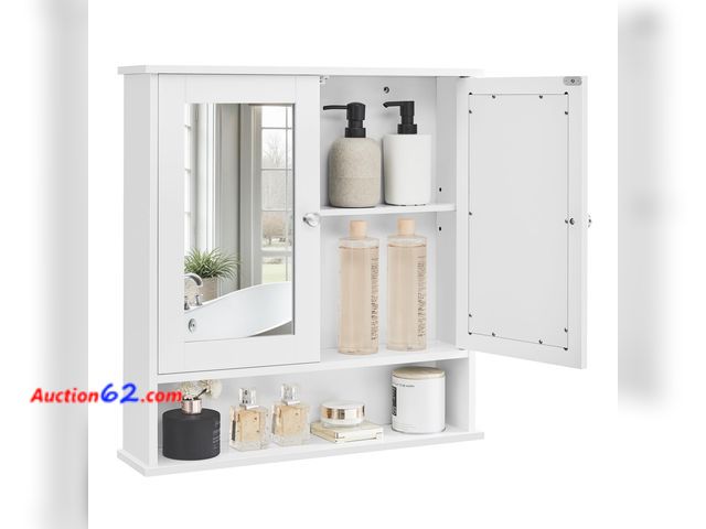 Lot 44-1504b - VASAGLE Bathroom Cabinet with Mirror, Wall Cabinet with 2 Mirrored Doors, Adjustable Shelf, Open Compartment, Wall-Mounted, 5.1 x 22.2 x 23 ...