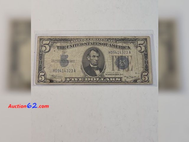 Lot 44-8309r - 1934A SERIES $5 SILVER CERTIFICATE. CIRCULATED. FROM BACK IN THE GOOD OLD DAYS WHEN THEY SAID "PAYABLE IN SILVER TO THE BEARER ON DEMAND." C...