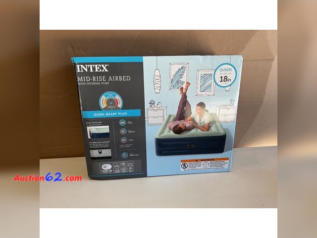 Lot 44-1523 - Intex Elevated 18" Pillow Rest Queen Air Mattress with Internal Pump - Off-White/Blue Not Tested, Appears New with box Damage