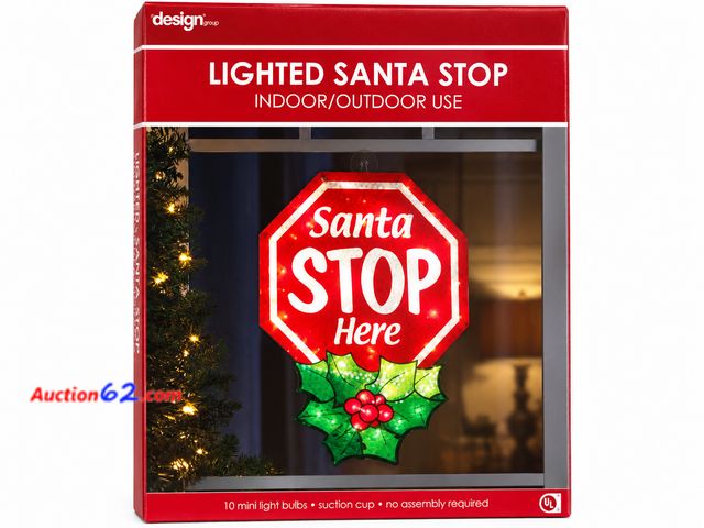 Lot 44-6011m - Lighted Santa Stop here window sign. 10 mini light bulbs, suction cups, no assembly required. Appears New, A basic inspection has been given...