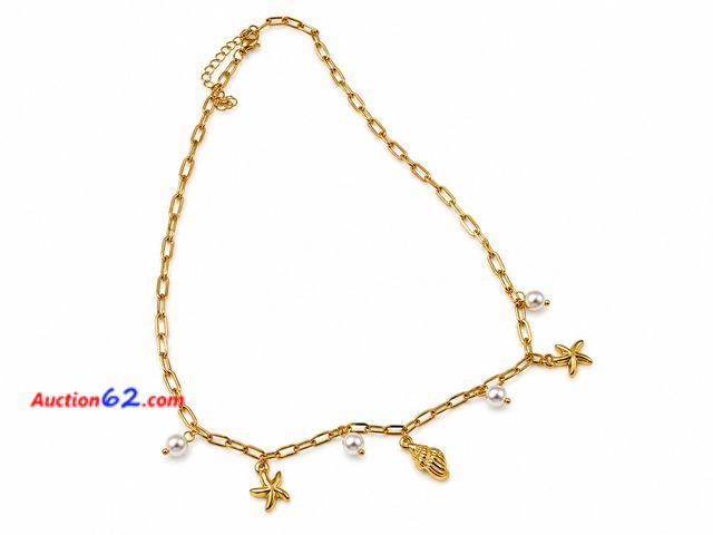Lot 44-6006n - Gold colored paperclip-style chain necklace beach-themed charms. Approximately 18 inches. No markings. Appears New, A basic inspection has b...