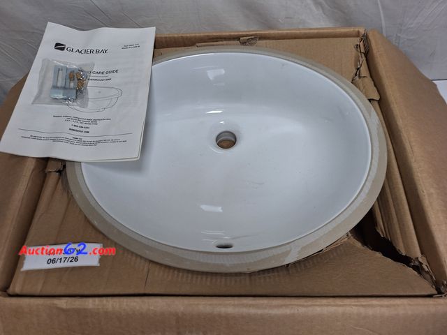 Lot 44-7337w - Glacier Bay 19.5 inch under mount oval vitreous China bathroom sink in white, E-Commerce Return, A basic inspection has been given to this i...