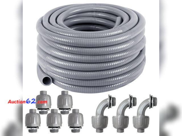 Lot 44-1842 - 1inch 50ft Electrical Conduit Kit,Liquid-Tight Conduit and Connector Kit with 5 Straight and 3 Angle Fittings Included,Flexible Non -Metalli...