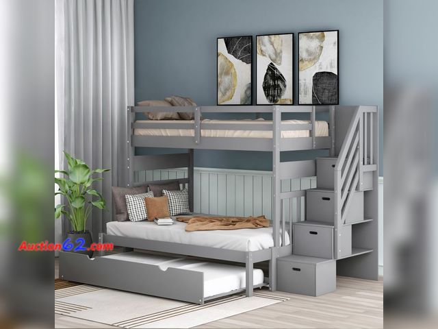 Lot 44-87e - Retail value of $831- Twin Over Twin/Full Bunk Bed w/ Twin Trundle, Gray  Appears New