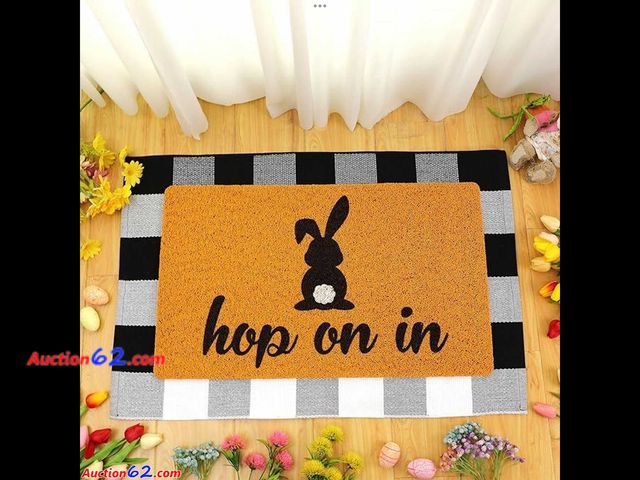 Lot 44-2091m - 2 Pcs Doormat White, Plaid, Bunny. Appears New, A basic inspection has been given to this item. Sold AS-IS. See All Photo's Not Tested