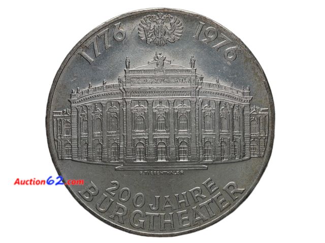 Lot 44-8325m - TONED AUSTRIAN 1976 OLYMPICS 100 SCHILLING SILVER COIN COMMEMORATIVE OF THE BURGTHEATER. HAS .4938 TROY OUNCES OF SILVER. BRILLIANT UNCIRCUL...