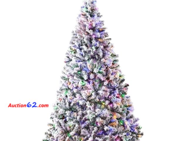 Lot 44-6950w - 4.5ft Pre-Lit Snow Flocked Artificial Pine Christmas Tree w/ Multicolored Lights Warm White and Multicolor Lights Appears New, A basic inspe...