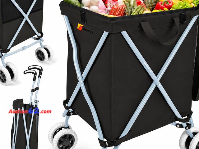 Lot 44-303M - Wellmax Folding Shopping Cart with Canvas Bag &amp; Cover, Holds 120 lb, Black See All Photo's E-Commerce Return, A basic inspection has bee...