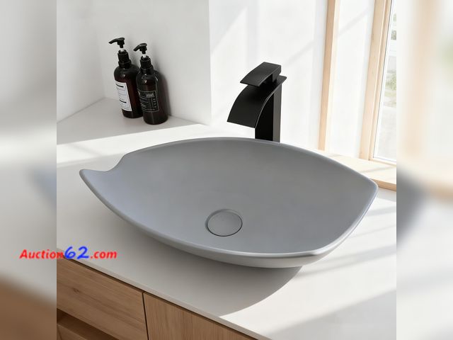 Lot 44-1152o - GLOBAOSALU Irregular Rectangular Bathroom Sink with Drain, 22x14 Inch Gray Stone Resin Vessel Sinks Above Counter Basin Bowl for Modern Bath...