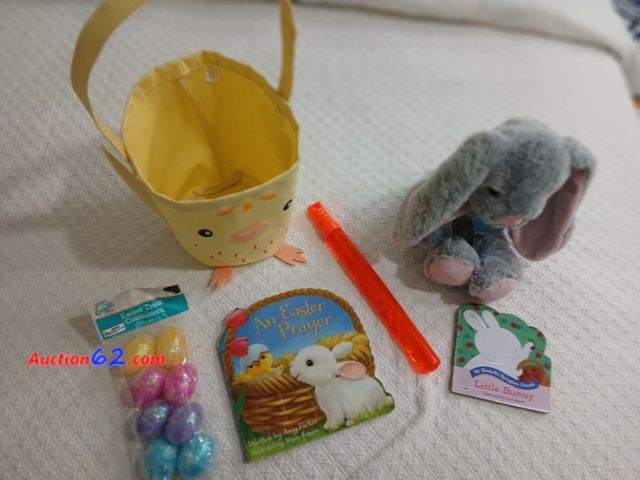Lot 44-2014i - Chick Easter Basket, measures approximately 9" tall without handle.  One container of bubbles.  One new 8 pack of eggs.  New An Easter Praye...