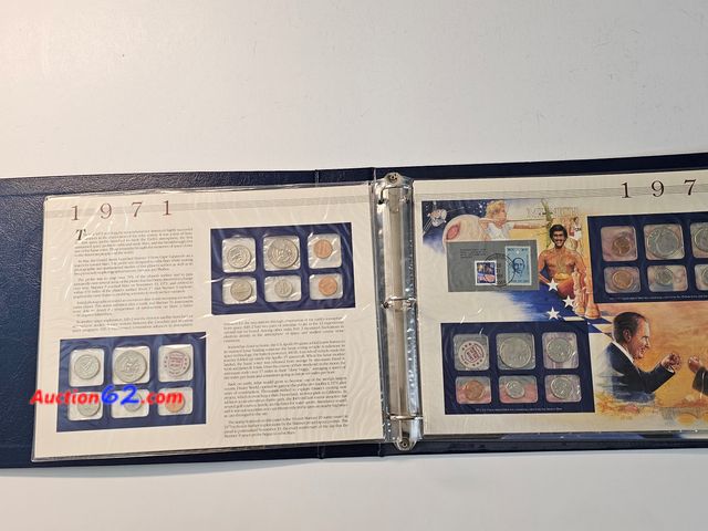 Lot 44-8338u - 25 YEARS OF U.S. UNCIRCULATED COIN MINT SETS AND STAMPS IN COLLECTOR PANELS W/1971, 1972, 1979 AND 1984 MINT SETS.-NT