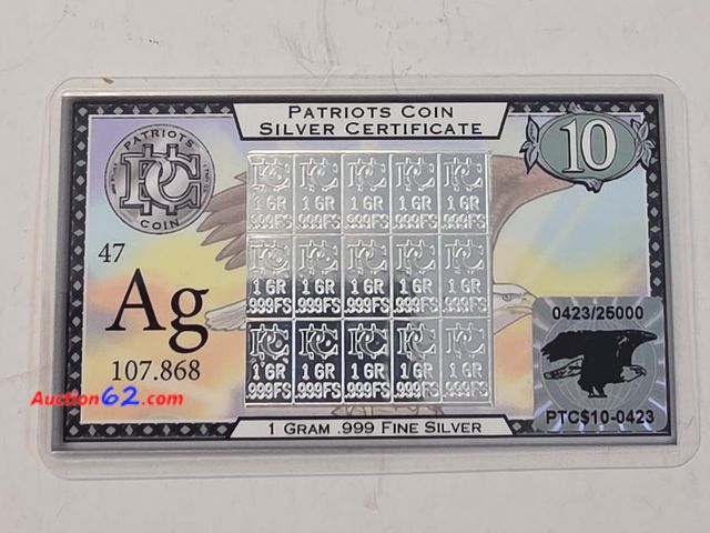 Lot 44-8410w - FIFETEEN (15) 1 GRAIN .999 FINE PURE SILVER BARS. KNOWN AS A $10 SILVER CERTIFICATE BY PATRIOTS COIN (THE MANUFACTURER). EQUALS 1 GRAM TOTAL...
