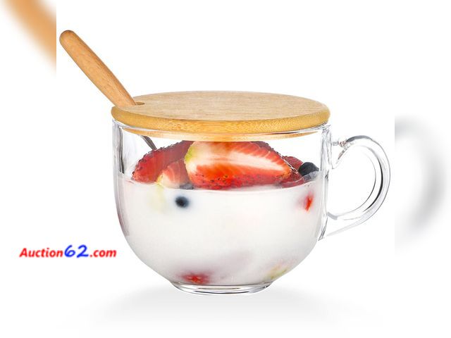 Lot 44-1122j - WHJY Clear Glass Cup with Lid for Hot Beverages Oatmeal Soup Cup with Lid and Spoon, Microwavable Cup, 16 oz / 470 ml Not Tested Appears New...