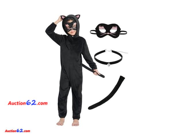 Lot 44-9014r - IKALI Halloween Cat Costume for Girls, Black Cat Costume with Eye Mask, Choker and Tail 7-8 Years Appears New, A basic inspection has been g...