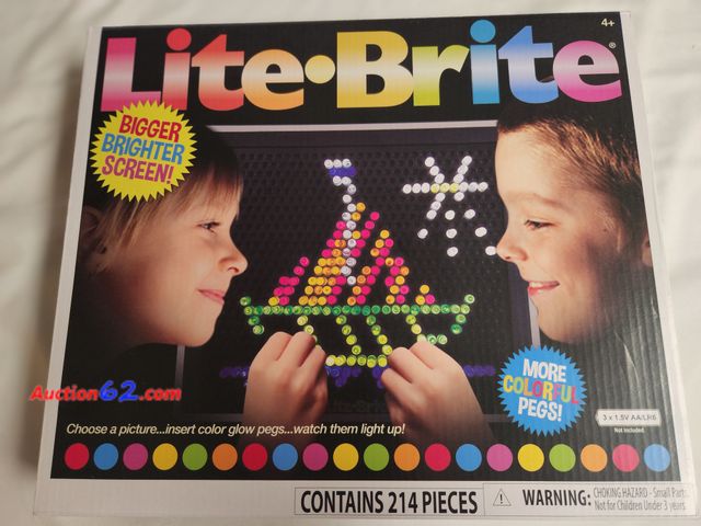 Lot 44-2314b - 1 new Lite Brite 214 pieces more colorful pegs Bigger Brighter screen uses 3 x 1.5 v AA batteries sealed box. See photos. 1. Appears New, A ...