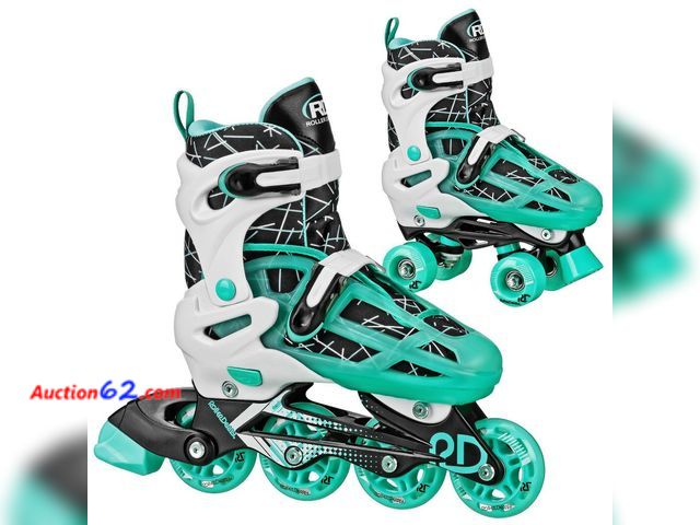Lot 44-166e - Roller Derby Mint Prodigy Kids' Adjustable Inline-Quad Combo Skates - White/Mint Green S (12-2): Indoor/Outdoor Use, Adjustable Size See All...