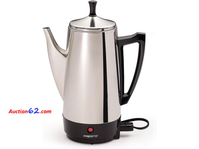 Lot 44-5685g - Presto 02811 Stainless Steel Electric Coffee Percolator - 12-Cups, Easy-Pour Spout, Stay-Cool Handle, Make 2-12 Cups E-Commerce Return, A ba...
