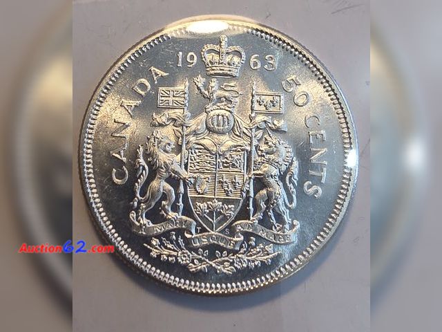 Lot 44-8348k - 1963 **80% SILVER** BRILLIANT UNCIRCULATED CANADA HALF DOLLAR. OVER A THIRD OF AN OUNCE OF SILVER!! PORTRAIT OF QUEEN ELIZABETH II ON THE OB...