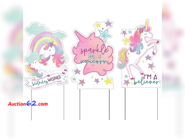 Lot 44-3003f - New Lot of 4 (3 Packs) - Enchanted Unicorn Birthday Party Yard Signs - 24.8" X 15.8" | Assorted Design | Packs of 3 - New in Sealed Packages