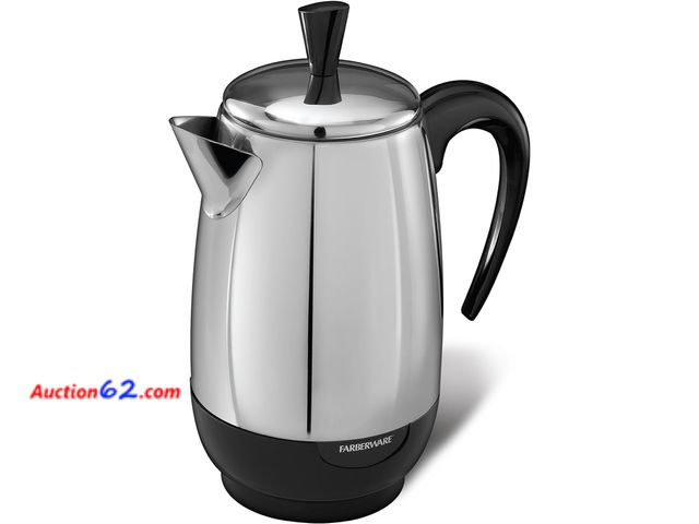 Lot 44-5709g - Farberware Electric Coffee Percolator, Stainless Steel Basket, Automatic Keep Warm, No-Drip Spout, 8 Cup Appears New, A basic inspection has...