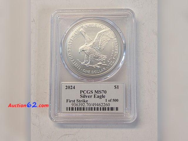Lot 44-8326x - 2024-W ONE OUNCE .999 PURE SILVER EAGLE GRADED MS70 BY PCGS. PERFECT COIN! THEY DON'T GRADE ANY HIGHER! ALSO HAS THE FIRST STRIKE DESIGNATIO...