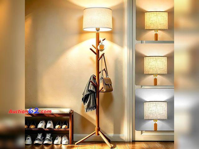 Lot 44-753 - QIJNRHW Floor Lamp with Coat Rack, 2-in-1 Entryway Tall Lamp 3 Color Dimmable 78.8" Standing Lamps with 6 Hooks &amp; Triangular Base for Li...